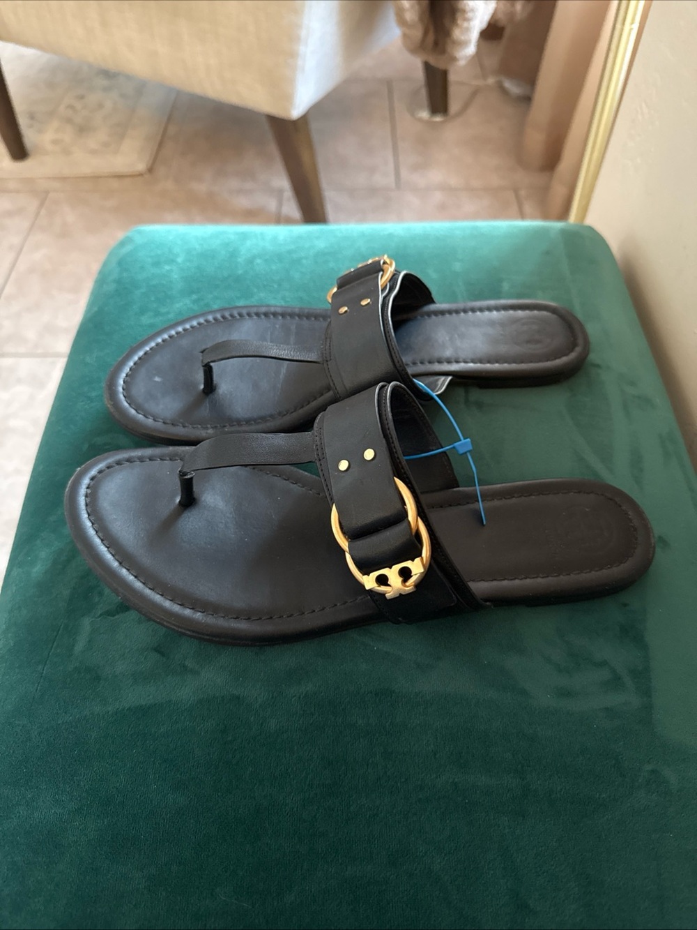 Black Women's Leather Thong Sandals with Gold Buckle
